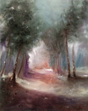 Painting titled "Morning Tree Lane" by Erika Von Gaal, Original Artwork, Oil Mounted on Cardboard