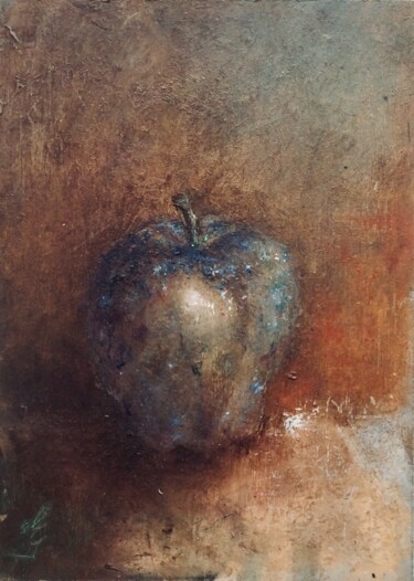 Painting titled "The Blue Apple" by Erika Von Gaal, Original Artwork, Oil Mounted on Cardboard