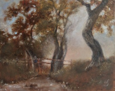 Painting titled "Forest Bridge" by Erika Von Gaal, Original Artwork, Oil Mounted on Cardboard