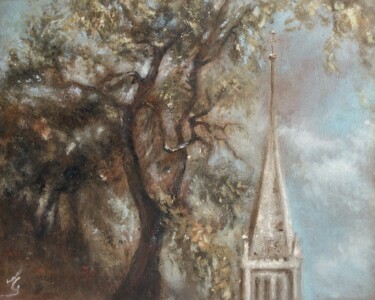 Painting titled "Tranquil Landscape" by Erika Von Gaal, Original Artwork, Oil Mounted on Cardboard
