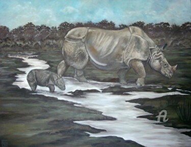 Painting titled "the rhino family" by Erika Sellier, Original Artwork