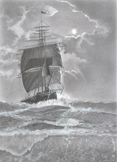 Drawing titled "Sailing" by Erkan Ertan, Original Artwork, Charcoal
