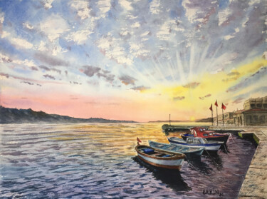 Painting titled "Boats in the bay at…" by Erkin Yılmaz, Original Artwork, Watercolor