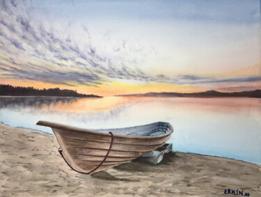 Pittura intitolato "Boat and lake." da Erkin Yılmaz, Opera d'arte originale, Acquarello