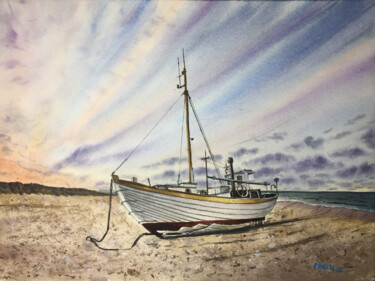 Pintura intitulada "Will be back to sea…" por Erkin Yılmaz, Obras de arte originais, Aquarela
