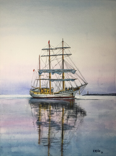 Malerei mit dem Titel "Sailboat-2" von Erkin Yılmaz, Original-Kunstwerk, Aquarell