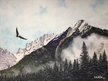 Painting titled "Lonely Eagle." by Erkin Yılmaz, Original Artwork, Watercolor