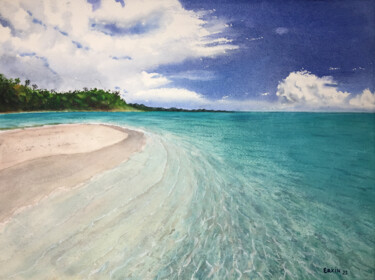 Painting titled "Paradise Beach." by Erkin Yılmaz, Original Artwork, Watercolor