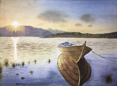Peinture intitulée "Boat, lake, and sun…" par Erkin Yılmaz, Œuvre d'art originale, Aquarelle