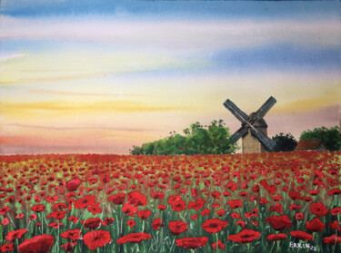 Peinture intitulée "Poppy field" par Erkin Yılmaz, Œuvre d'art originale, Aquarelle
