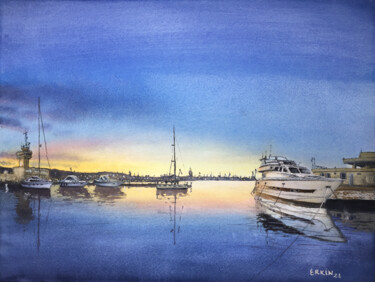 Painting titled "Sundown in harbor." by Erkin Yılmaz, Original Artwork, Watercolor