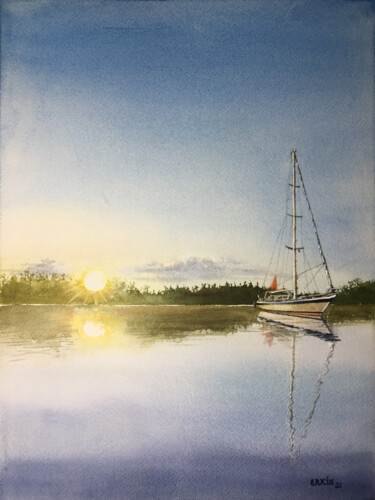 Pittura intitolato "Sailboat and Sunset." da Erkin Yılmaz, Opera d'arte originale, Acquarello