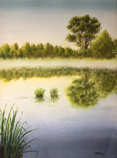 Pintura intitulada "Tree by the Lake." por Erkin Yılmaz, Obras de arte originais, Aquarela