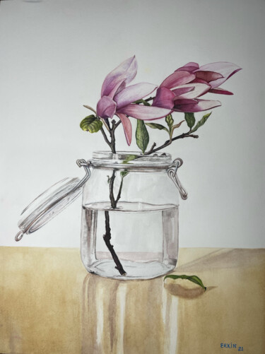 Картина под названием "Magnolias." - Erkin Yılmaz, Подлинное произведение искусства, Акварель