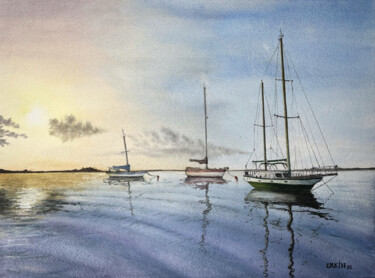 Pintura intitulada "Sailboats on Sunris…" por Erkin Yılmaz, Obras de arte originais, Aquarela