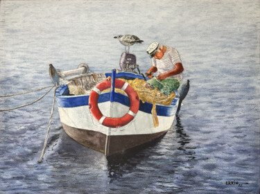 Schilderij getiteld "Fisherman on the Bo…" door Erkin Yılmaz, Origineel Kunstwerk, Aquarel