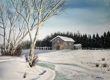 Painting titled "Winter Scape." by Erkin Yılmaz, Original Artwork, Watercolor