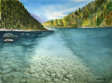 Painting titled "The Lake." by Erkin Yılmaz, Original Artwork, Watercolor