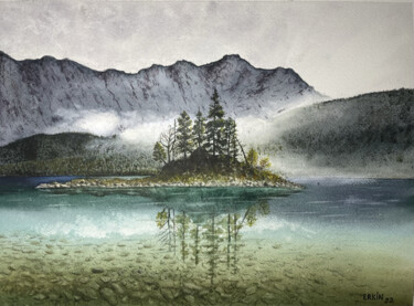 Pittura intitolato "The Lake II" da Erkin Yılmaz, Opera d'arte originale, Acquarello
