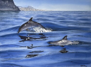 Painting titled "Dolphins" by Erkin Yılmaz, Original Artwork, Watercolor