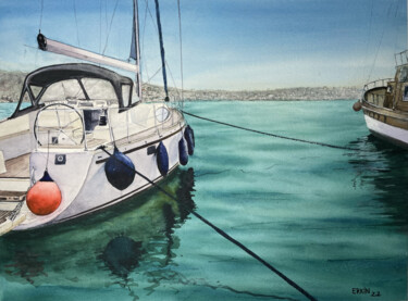Painting titled "Sailboat in the Har…" by Erkin Yılmaz, Original Artwork, Watercolor