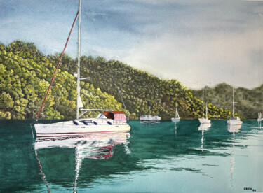 Peinture intitulée "Sailboats in the Co…" par Erkin Yılmaz, Œuvre d'art originale, Aquarelle