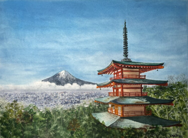 Painting titled "Japan Landscape." by Erkin Yılmaz, Original Artwork, Watercolor