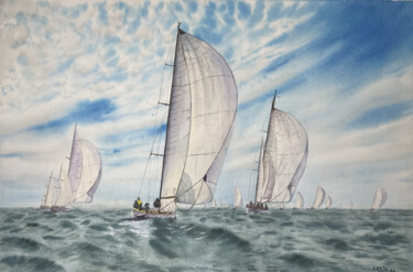 Pintura intitulada "Sailboats at the Ra…" por Erkin Yılmaz, Obras de arte originais, Aquarela