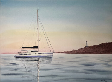 Painting titled "Sailboat-9" by Erkin Yılmaz, Original Artwork, Watercolor