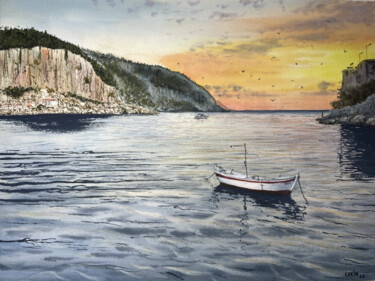 Painting titled "Sunset in Amasra." by Erkin Yılmaz, Original Artwork, Watercolor