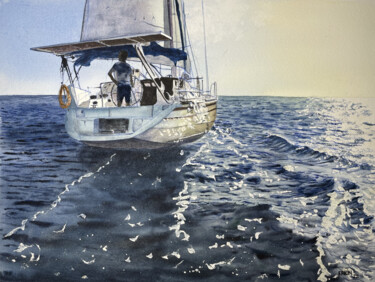Pintura titulada "Sailboat and Waves." por Erkin Yılmaz, Obra de arte original, Acuarela