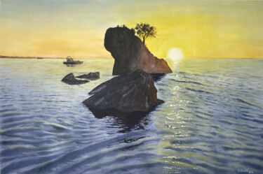 Painting titled "Sunset at the Beach." by Erkin Yılmaz, Original Artwork, Watercolor