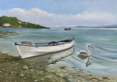 Painting titled "Pelican and Boat." by Erkin Yılmaz, Original Artwork, Oil