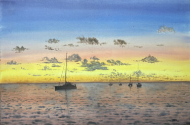 Malarstwo zatytułowany „Sailboats at Sunset.” autorstwa Erkin Yılmaz, Oryginalna praca, Akwarela