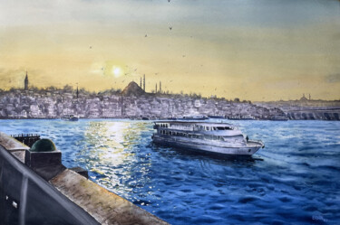 Pittura intitolato "Sunset View from Ga…" da Erkin Yılmaz, Opera d'arte originale, Acquarello