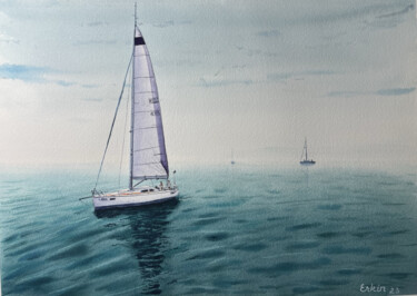 Painting titled "Sailboat-17" by Erkin Yılmaz, Original Artwork, Watercolor