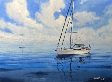 Pintura intitulada "Sailboat and Sereni…" por Erkin Yılmaz, Obras de arte originais, Aquarela
