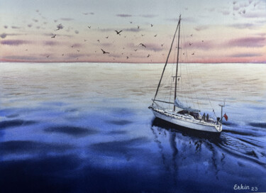 Painting titled "Sailing on Sunset." by Erkin Yılmaz, Original Artwork, Watercolor