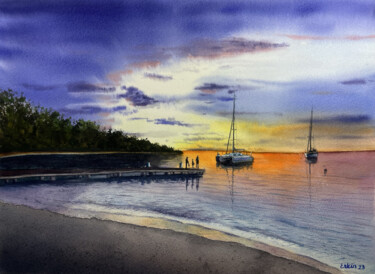 Malerei mit dem Titel "Sunset Seascape." von Erkin Yılmaz, Original-Kunstwerk, Aquarell
