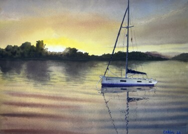Malerei mit dem Titel "Sunrise Sailboat an…" von Erkin Yılmaz, Original-Kunstwerk, Aquarell
