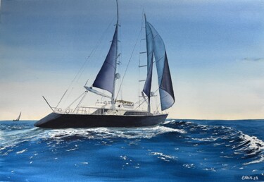 Schilderij getiteld "Super yacht set sai…" door Erkin Yılmaz, Origineel Kunstwerk, Aquarel