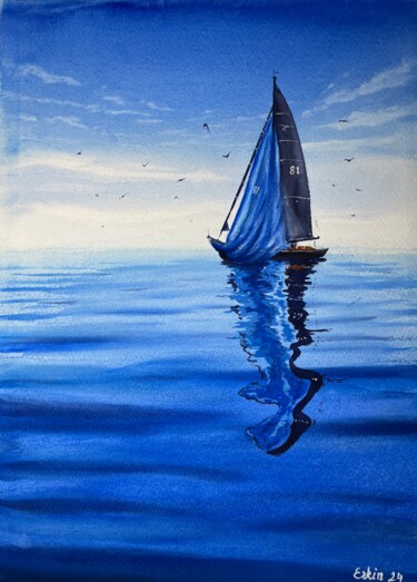 Картина под названием "Tranquil Sea Sailbo…" - Erkin Yılmaz, Подлинное произведение искусства, Акварель