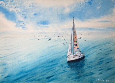 Painting titled "Sailboat Adventure:…" by Erkin Yılmaz, Original Artwork, Watercolor