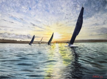 Peinture intitulée "Sailing Race at Sun…" par Erkin Yılmaz, Œuvre d'art originale, Aquarelle