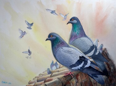 Painting titled "Pigeons on the Roof." by Erkin Yılmaz, Original Artwork, Watercolor