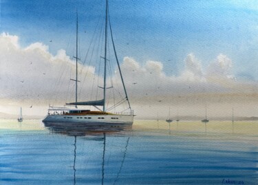 Pintura intitulada "Dawn’s Gentle Voyag…" por Erkin Yılmaz, Obras de arte originais, Aquarela