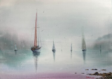 Картина под названием "Mystic Harbor." - Erkin Yılmaz, Подлинное произведение искусства, Акварель