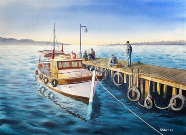 Painting titled "The Boat on the Pie…" by Erkin Yılmaz, Original Artwork, Watercolor