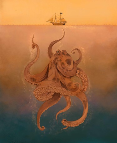 Attack of the Octopus Digitale Künste mit dem Titel "Attack of the Octop…" von Mia Mia, Original-Kunstwerk, Digitale Malerei