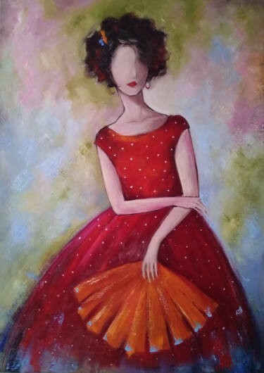 Malarstwo zatytułowany „Girl in red dress” autorstwa Olesya Ermolaeva, Oryginalna praca, Olej